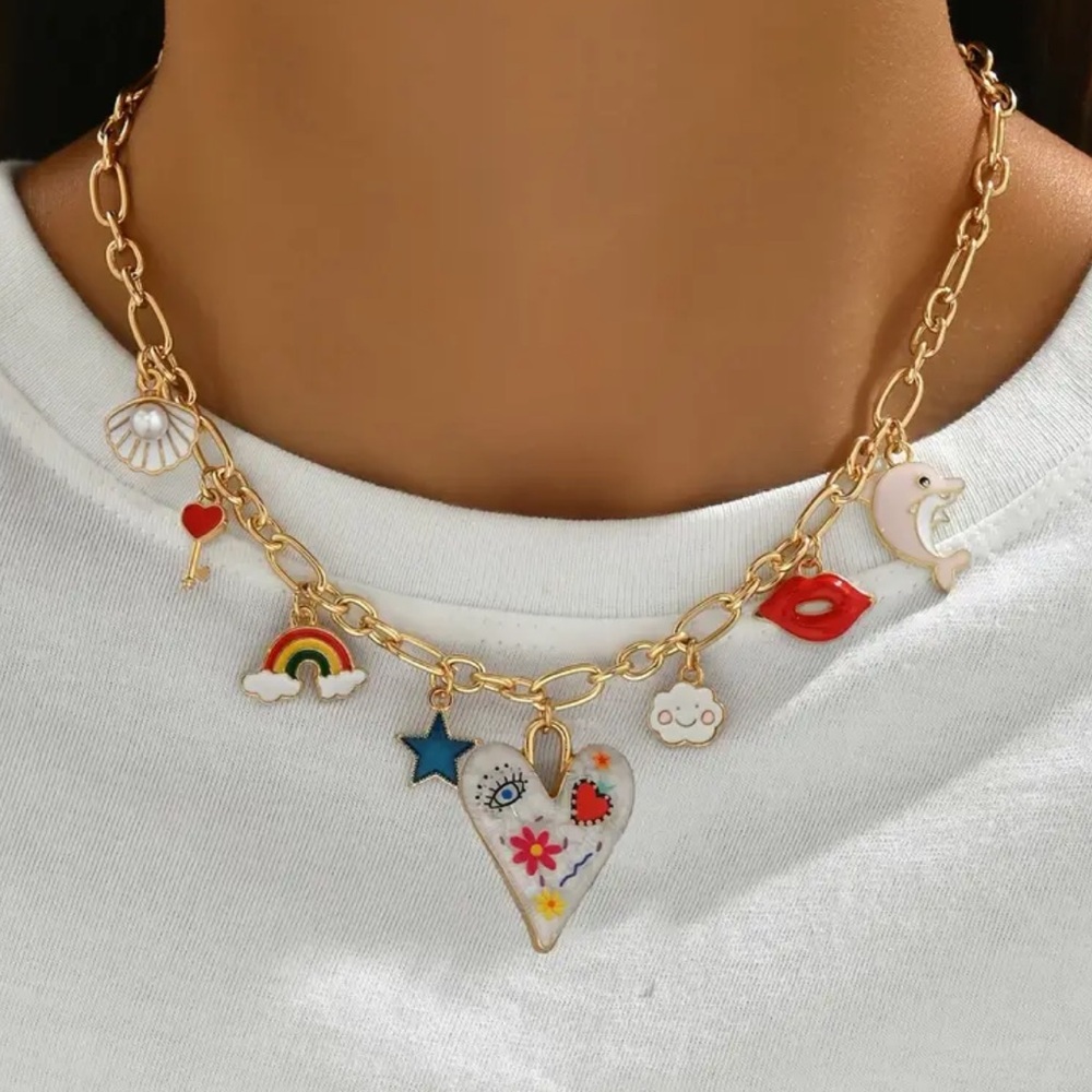 NEW Gold Charm Necklace with Colorful Accents